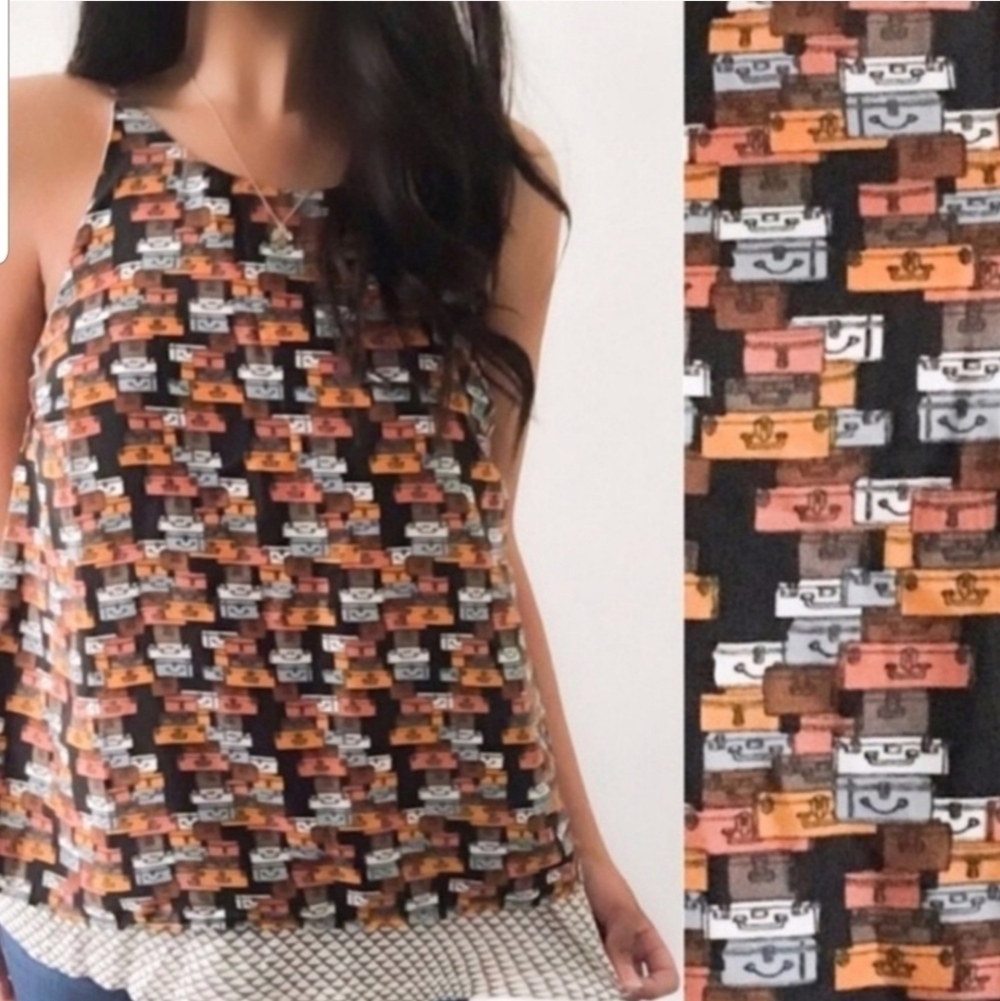Anthropologie Porridge Swing High Neck Layered Tank Top Luggage/Suitcase Print S